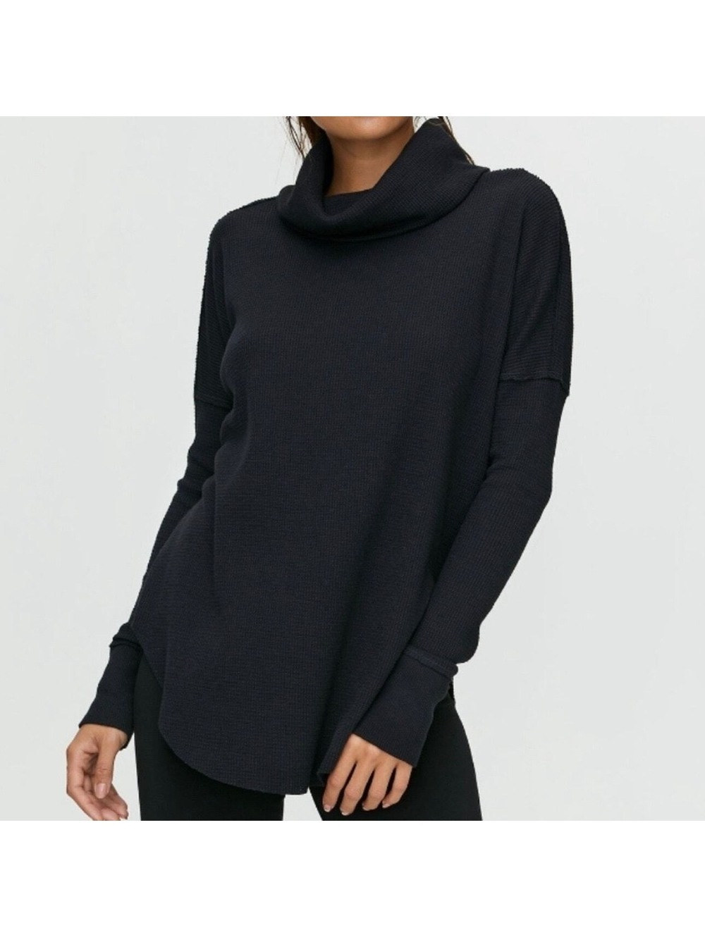 Aritzia TNA Waffle Knit Thermal Cowl Turtleneck  Longsleeve Top in Black